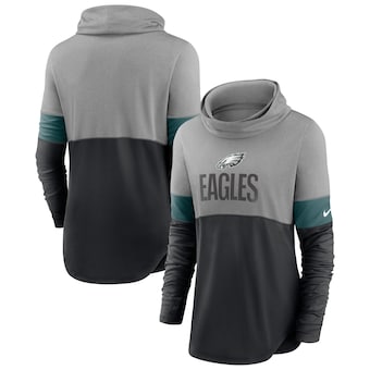Philadelphia Eagles Nike Women's Light Impact Lock Up Cowl Neck Long Sleeve T-Shirt - Black/Heathered Charcoal