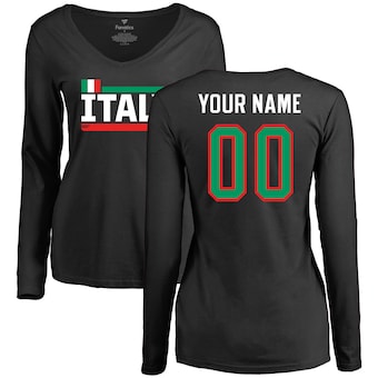 Italy Women's Personalized Name & Number Long Sleeve T-Shirt - Black