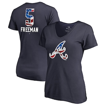 Freddie Freeman Atlanta Braves Fanatics Branded Women's Banner Wave Name & Number V-Neck T-Shirt - Navy