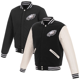 Philadelphia Eagles NFL Pro Line by Fanatics Branded Reversible Fleece Full-Snap Jacket with Faux Leather Sleeves - Black/White