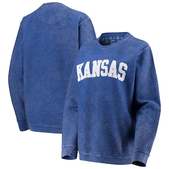 Kansas Jayhawks Pressbox Women's Comfy Cord Vintage Wash Basic Arch Pullover Sweatshirt - Royal