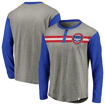 Chicago Cubs Fanatics Branded True Classics Stripe Henley Long Sleeve T-Shirt - Heathered Gray/Royal