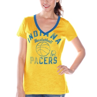 Indiana Pacers Women's Hardwood Classics Back Court Logo V-Neck T-Shirt - Gold
