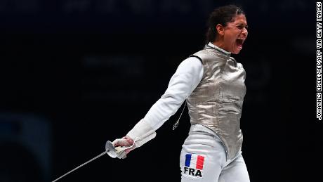 Ysaora Thibus of France reacts after winning against Jeon Her Sook of South Korea after the women&#39;s foil team competition final at the 2018 World Fencing Championships in Wuxi in China&#39;s eastern Jiangsu province on  July 26, 2018. (Photo by Johannes EISELE / AFP)        (Photo credit should read JOHANNES EISELE/AFP via Getty Images)