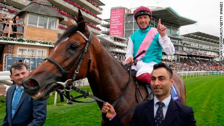 YORK, ENGLAND - AUGUST 22: Frankie Dettori celebrates after riding Enable to win The Darley Yorkshire Oaks at York Racecourse on August 22, 2019 in York, England. (Photo by Alan Crowhurst/Getty Images)