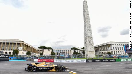 Techeetah&#39;s German driver Andre Lotterer steers his car past the Obelisk of Marconi during the Rome E-Prix leg of the Formula E season 2018-2019 electric car championship in the EUR district of Rome on April 13, 2019. (Photo by Andreas SOLARO / AFP)        (Photo credit should read ANDREAS SOLARO/AFP via Getty Images)