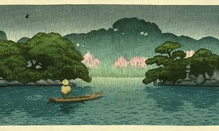 Barco en medio de la lluvia primaveral. Kawase Hasui (1920)