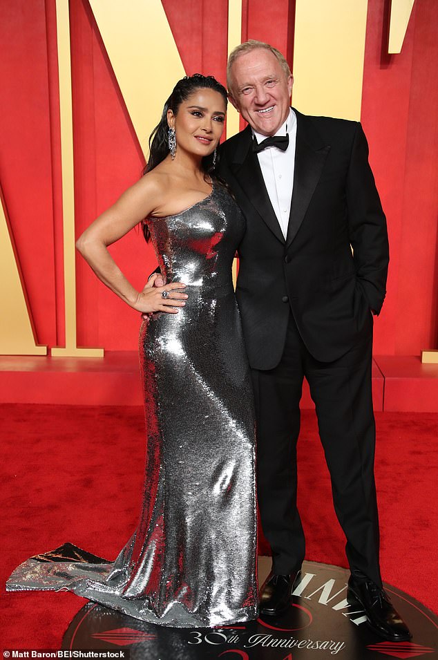 Salma Hayek cosied up to husband François-Henri Pinault at the Vanity Fair party at the Wallis Annenberg Center for the Performing Arts in Beverly Hills on Sunday night