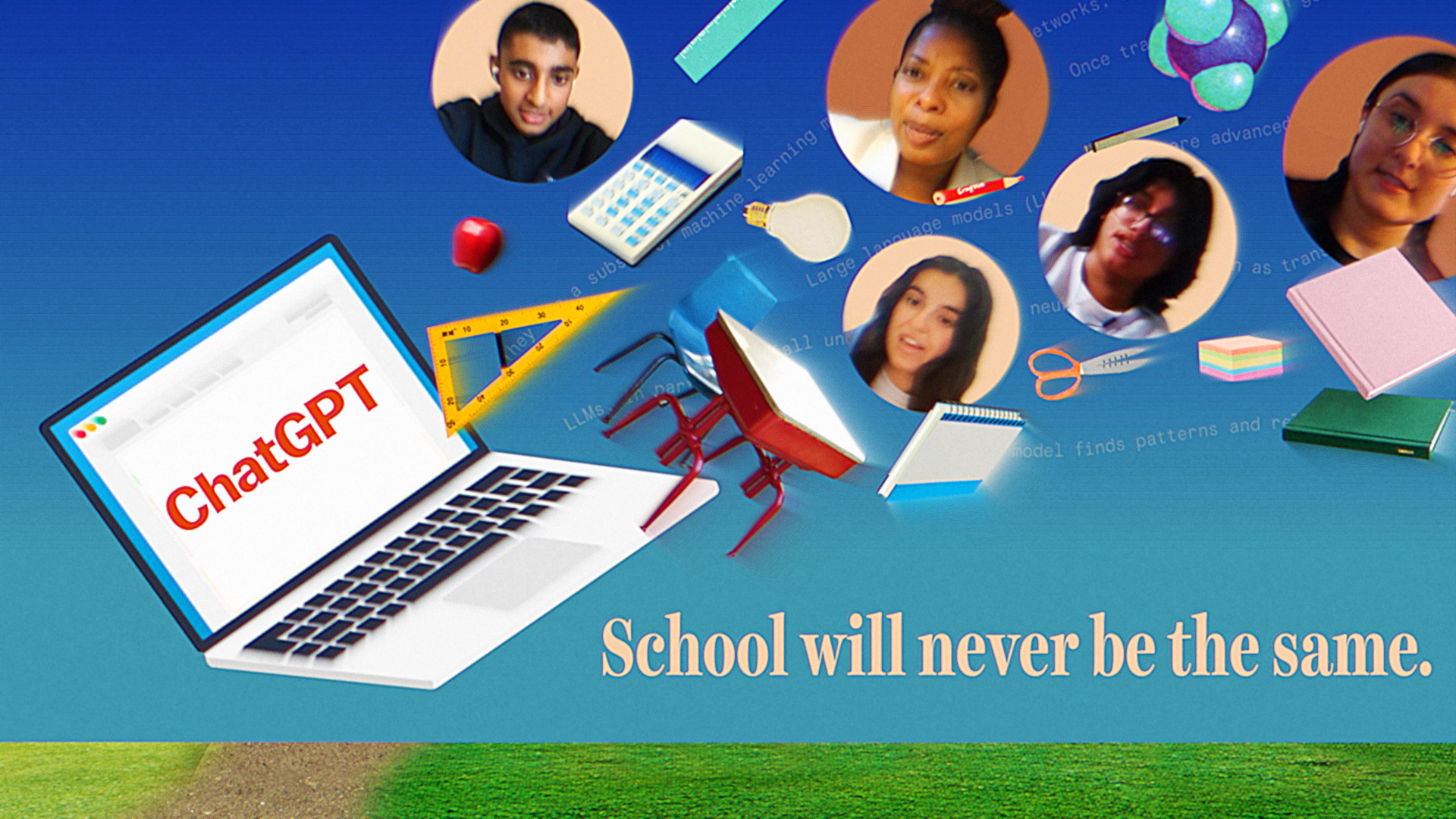 The illustration shows a laptop labeled “ChatGPT.” Flying out of the laptop are a variety of school-related items like rulers, books, and supplies, and photos of students and teachers.
