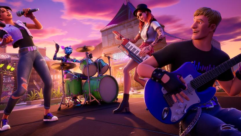 Three characters play instruments while another sings in Fortnite Festival.