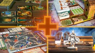 Four different board games for adults divided into four quarters by a glowing orange cross, including Betrayal at House on the Hill, Wingspan, Root, and Gloomhaven