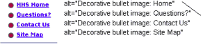 Screen shot of menu navigation with a image bullet containing alt tags saying 'Decorative bullet image: Home'