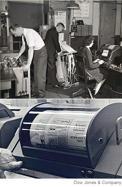 [A ticker operating room (above) in 1943; the machine (inset) receiving a satellite transmission of the newspaper.]