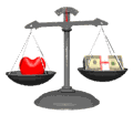 scales balancing a heart and a stack of money