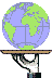 A hand holding a rotating Earth on a platter. The background is white