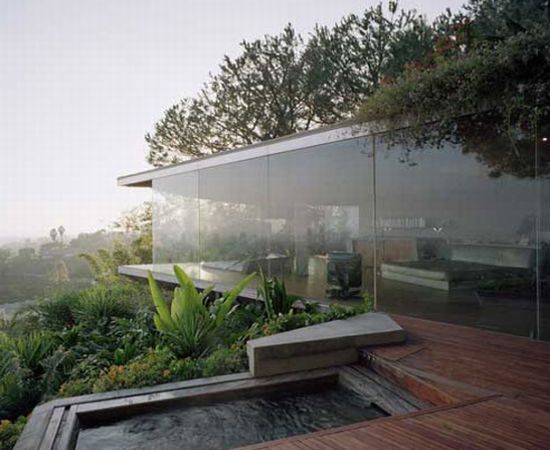 glass wall home in hollywood hills