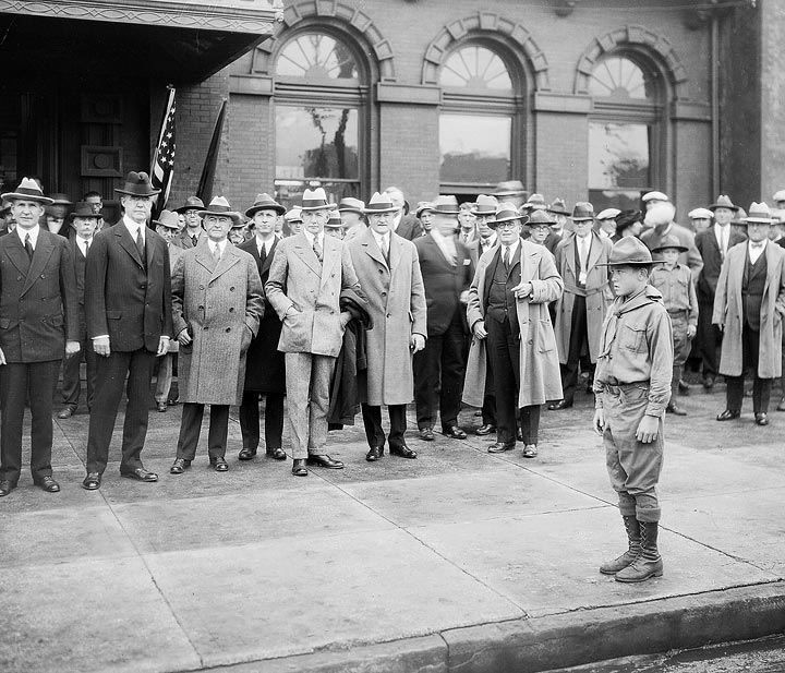 A Lincoln Boy Scout was on hand when Vice President Charles G. Dawes (fifth from left) arrived in Lincoln on September 30, 1926. Governor Adam McMullen (fourth from left) and Gen. John J. Pershing (sixth from left), who had been visiting his sister in Lincoln, greeted the vice president. NSHS RG2183:PH1926-09-30:2 