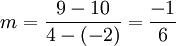 m = frac{9-10}{4-(-2)} = frac{-1}{6},