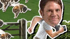 Steve Backshall leaping through the countryside running away from a swarm of bees.