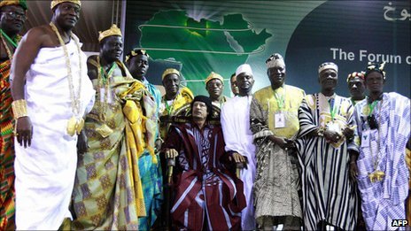 Col Muammar Gaddafi with African traditional leaders (August 2008)