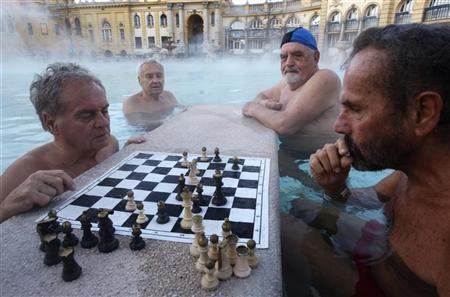 People play chess in Szechenyi Bath during a winter morning in Budapest December 10, 2010. REUTERS/Bernadett Szabo