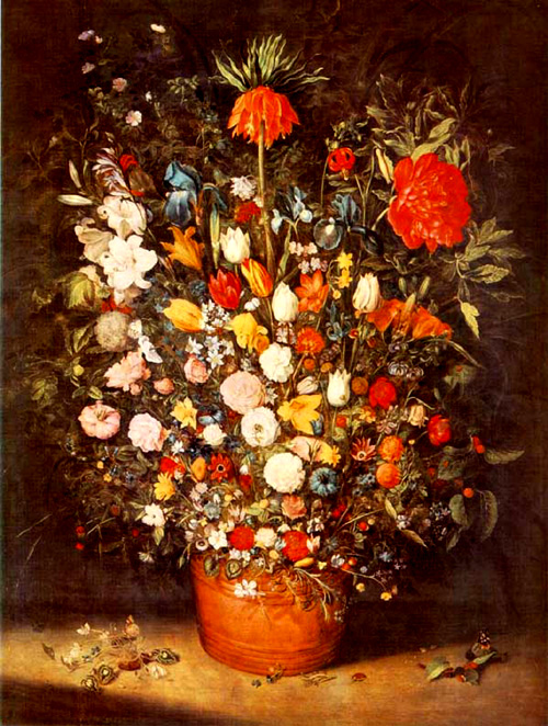 Peinture: Bouquet avec une couronne impériale, une pivoine, un lis et autres sortes de fleurs dans un baquet en bois de Jan Brueghel l'Ancien