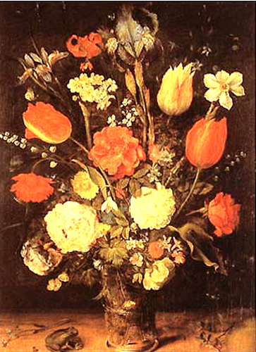Peinture: Bouquet de la grenouille avec tulipes, roses, narcisses, iris et autres sortes de fleurs dans un vase en verre par Jan Brueghel l'Ancien, dit de Velours