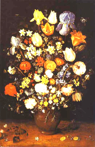 Peinture: Bouquet d'iris, lis, tulipes, roses et autres sortes de fleurs dans un vase en terre cuite avec des pièces d'or et une bague par Jan Brueghel l'Ancien, dit de Velours