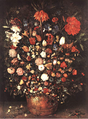 Peinture: Grand bouquet de couronne impériale, pivoine, lis, iris, tulipes et autres sortes de fleurs dans un baquet en bois par Jan Brueghel l'Ancien, dit de Velours