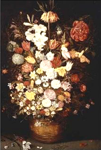 Peinture: Bouquet de couronne impériale, pivoine, lis, tulipes, et autres sortes de fleurs dans un baquet en bois avec des papillons et insectes par Jan Brueghel l'Ancien, dit de Velours