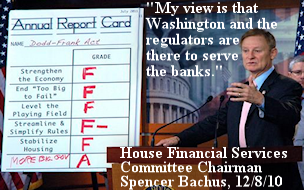 House Financial Services Chairman Spencer Bachus declares on December 8 2010: My view is that Washington and the regulators are there to serve the banks.
