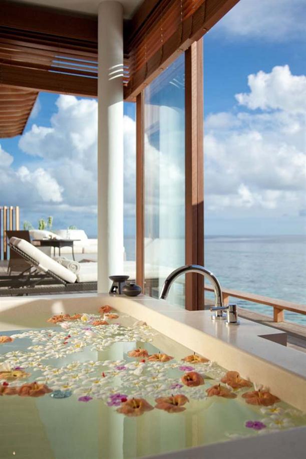 Romantic Bathtub at Natural Contemporary Resort Design Alila Villas Hadahaa Maldives