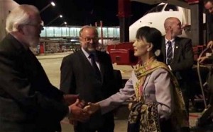 Aung San Suu Kyi touches down in Switzerland for the start of her tour of Europe