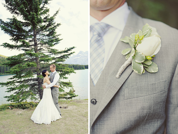 grey suit green white boutonniere