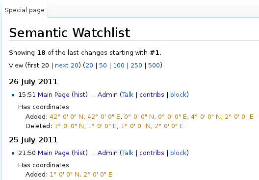 Semantic Watchlist page showing changes to watched properties