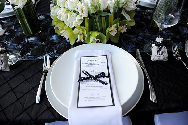 vancouver wedding inspiration black white menu ribbon white charger