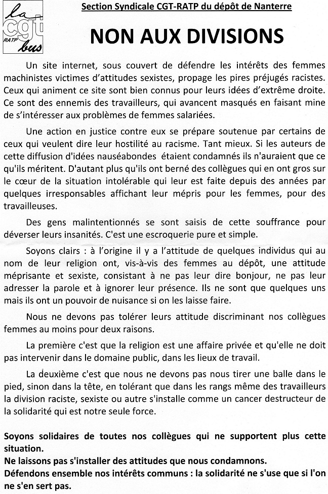 ratpcgtnanterre1 La CGT RATP de Nanterre insulte et menace juridiquement Riposte Laïque