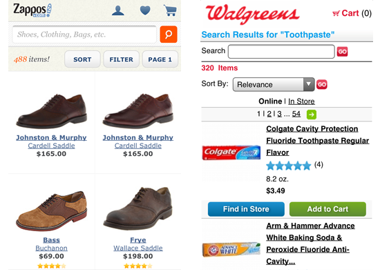 Zappos and Walgreens search results