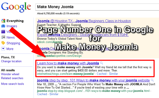 Page Number One for CMS Teachings in Google for Make Money Joomla