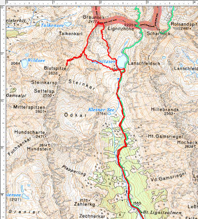 Der Routenverlauf zum Lignitzsee und über den Graunock