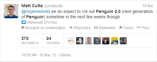 Tweet de Matt Cutts à propos de Pingouin 2.0