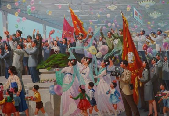 COPYRIGHT © MICHAEL BASSETT - A mural in the Railway Museum in Pyongyang. It represents the triumph that North Koreans felt after achieving independence from Japan through resistance, and by fighting United States and United Nations' forces to a draw on the Korean Peninsula. North Korean pride in the infrastructural development of their country after years of war is depicted by the simple rail cart used by Kim Il Sung during World War II to the laying of the country's railways.