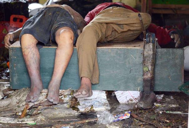 Dead bodies lie inside the Fisherman's Village Elementary School in Tacloban, Philippines. 