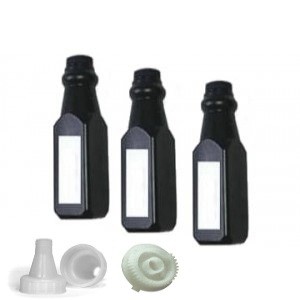 Showing 3 Bottles of compatible Brother TN450 Toner Refill Kit with funnel and gear