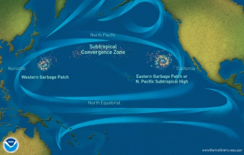 Oversimplified graphic of "garbage patches" in the North Pacific Ocean