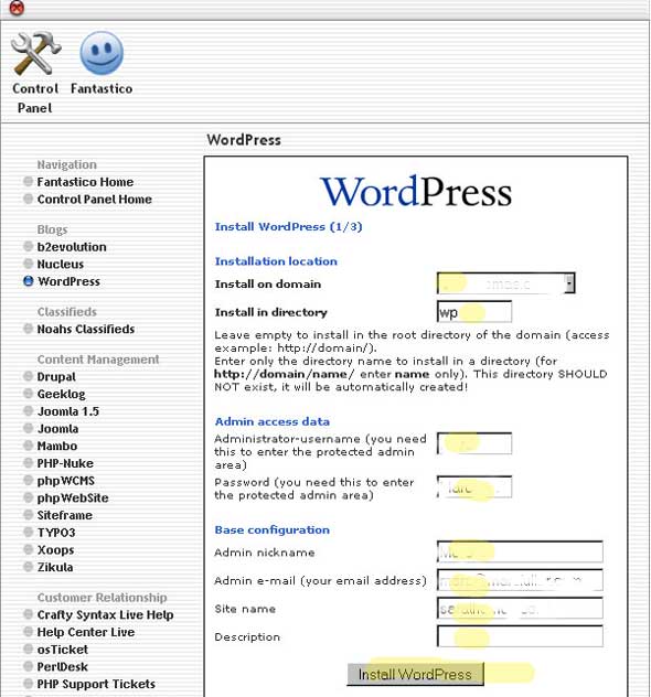 Step 4 installing WordPress on Bludomain
