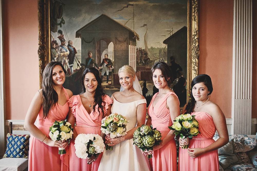 Leanne had four bridesmaids, who all had different styles of dresses, but in the same fabric and coral colour.