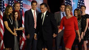 Republican presidential candidate, Mitt Romney, wife, Ann Romney, and family, walk off of the stage after conceding the presidency during Mitt Romney's campaign election night event at the Boston, Massachusetts  7 November 2012 