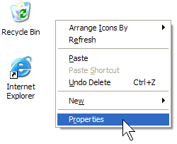 Desktop shortcut menu with Properties selected
