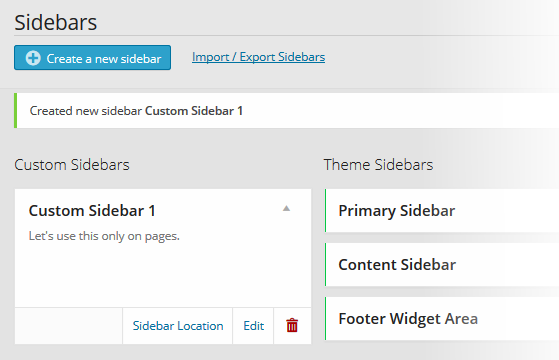 Custom Sidebars Pro New Sidebar Created